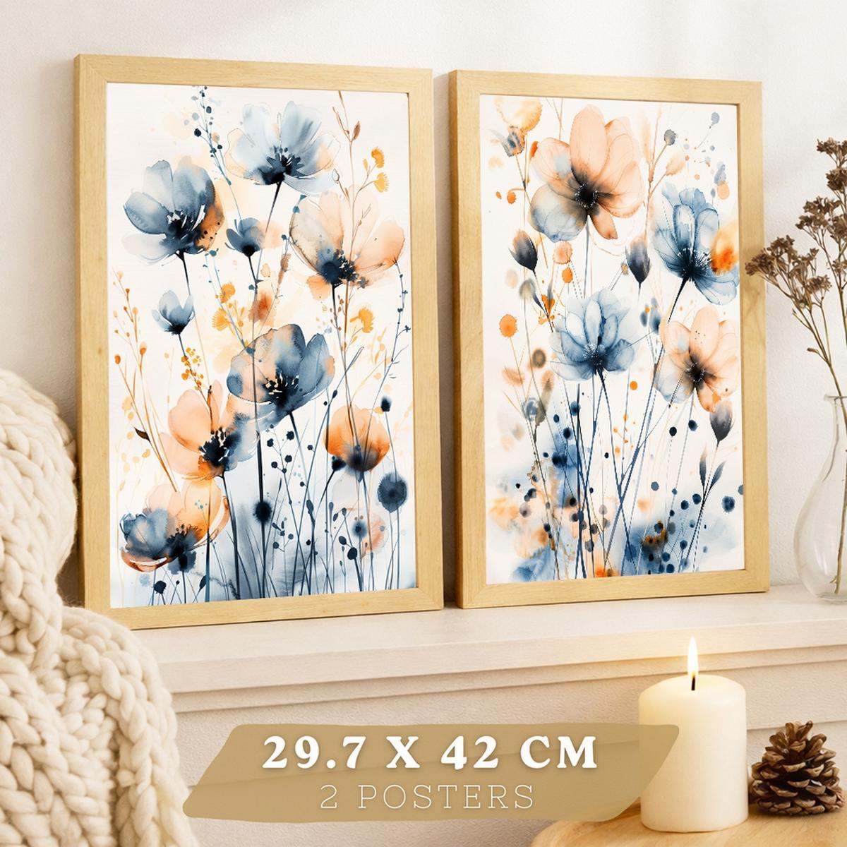POSTER 2er -Set Wandbilder Blumen Blau Orange Boho modern Wohnzimmer Deko, Schlafzimmer, Küche, Badezimmer Rahmenlos A3 - Klar, Papier (29.7/1/42cm) - Nacnic