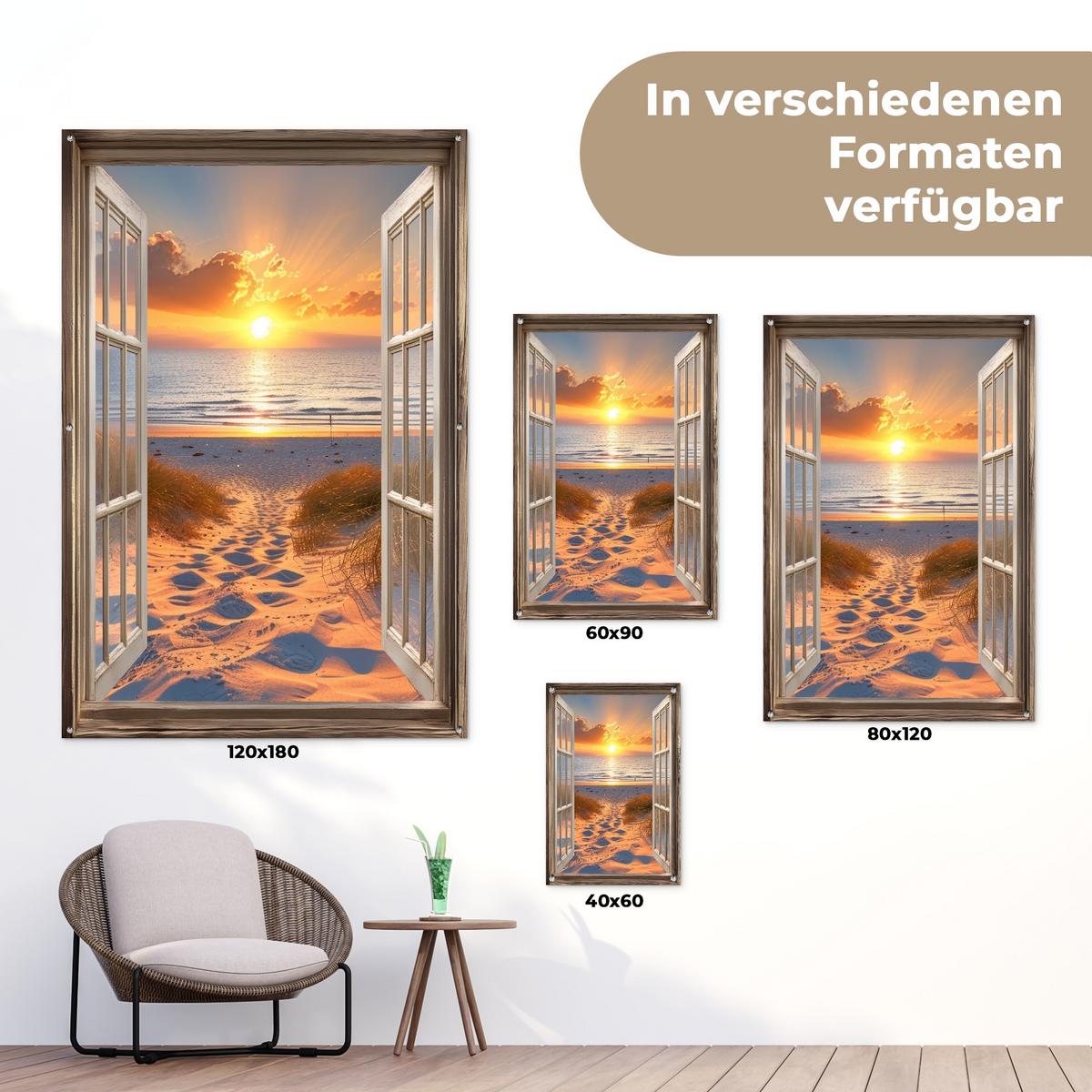 GARTENPOSTER Durchblick - Strand - Dünen - Sonnenuntergang Bild 120x180 cm - Orange, Kunststoff (120/180/0.2cm) - OnlyWow