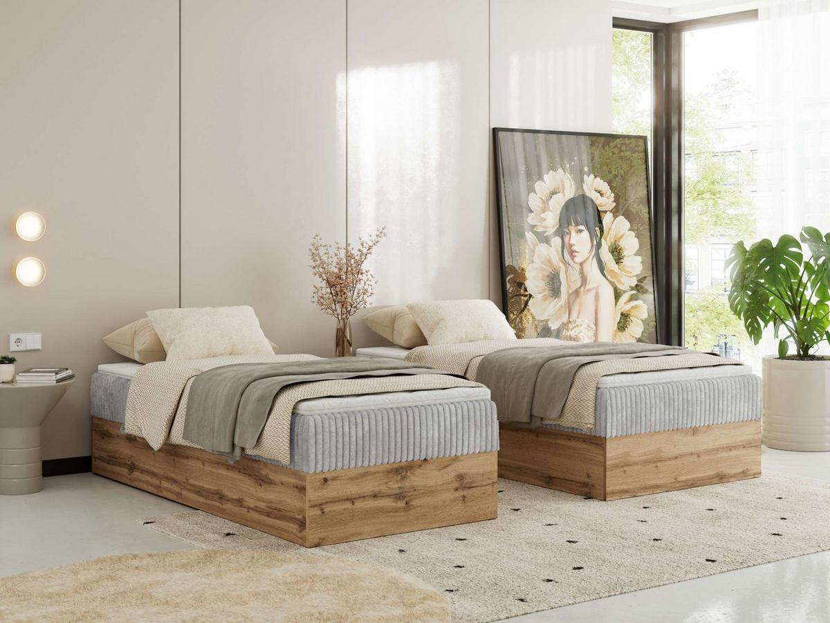 BOXBETT WOOD ZERO 90/200 - Hellgrau Cord - H3 - Topper T25 - Hellgrau, Textil (90/200cm) - MKS