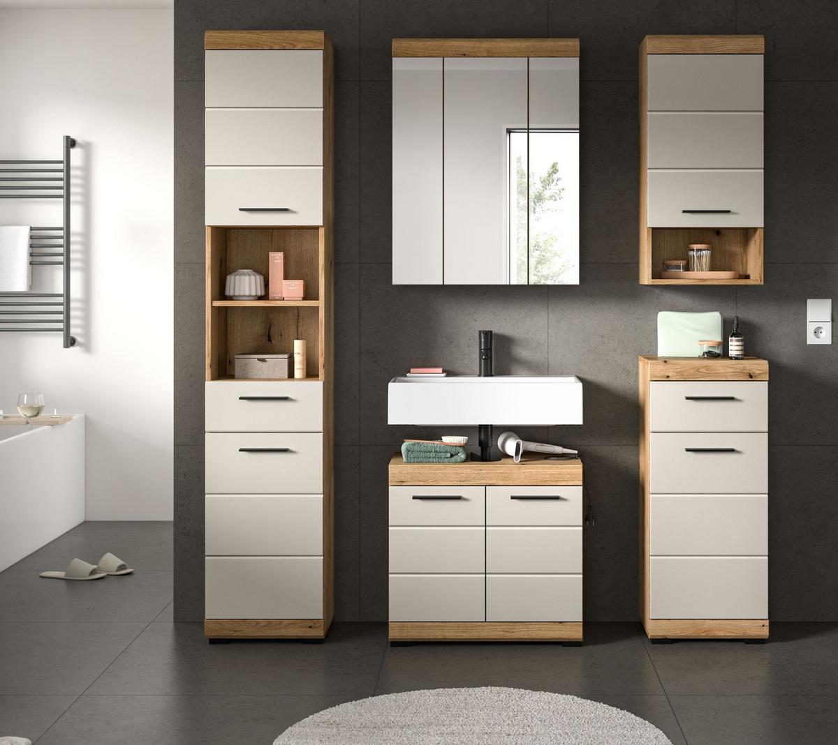 BADMÖBEL-SET Sand Kashmir, Evoke Eiche, Badkombination 164 cm 5-teilig - Kaschmir/Eichefarben, Glas/Holzwerkstoff (164/191/34cm) - Inn.Furn