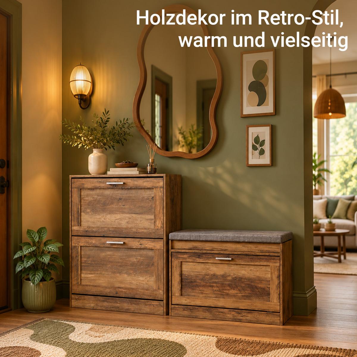 SCHUHSCHRANK Braun, 23 cm tief, 79 cm hoch, 2 Klappen, Einlegeboden verstellbar, ca. 8 Paar Schuhe, für Flur und Diele - Braun/Weiß, Holzwerkstoff/Metall (60/79/23cm) - SoBuy