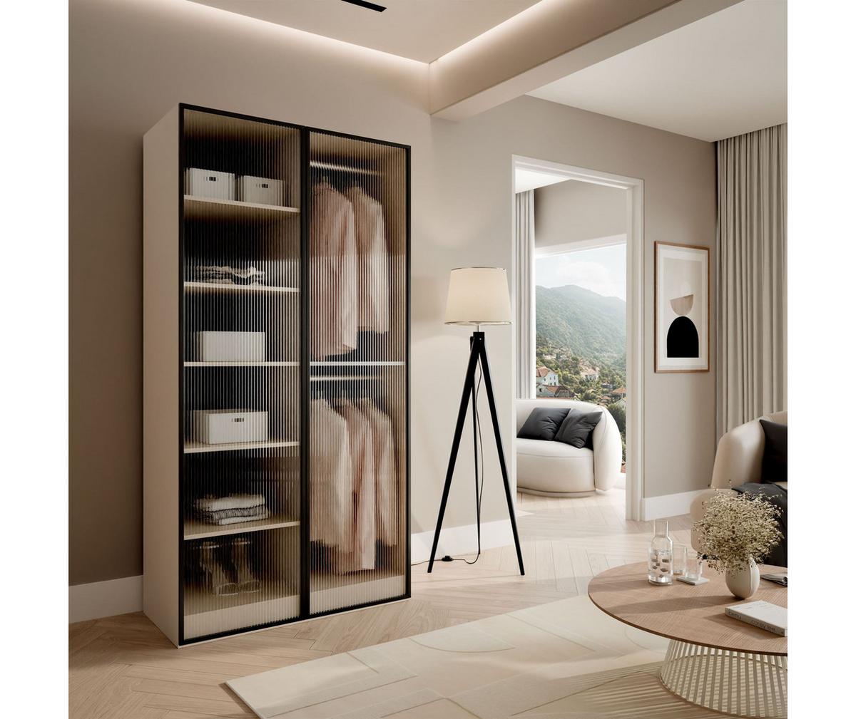 KLEIDERSCHRANK SANDBOX KASHMIR 100 101/49/200 cm Kaschmir / geriffeltes Glas mit LED 4 Zusatzböden - Kaschmir/Transparent, Holzwerkstoff/Kunststoff (101/200/49cm) - Lookway
