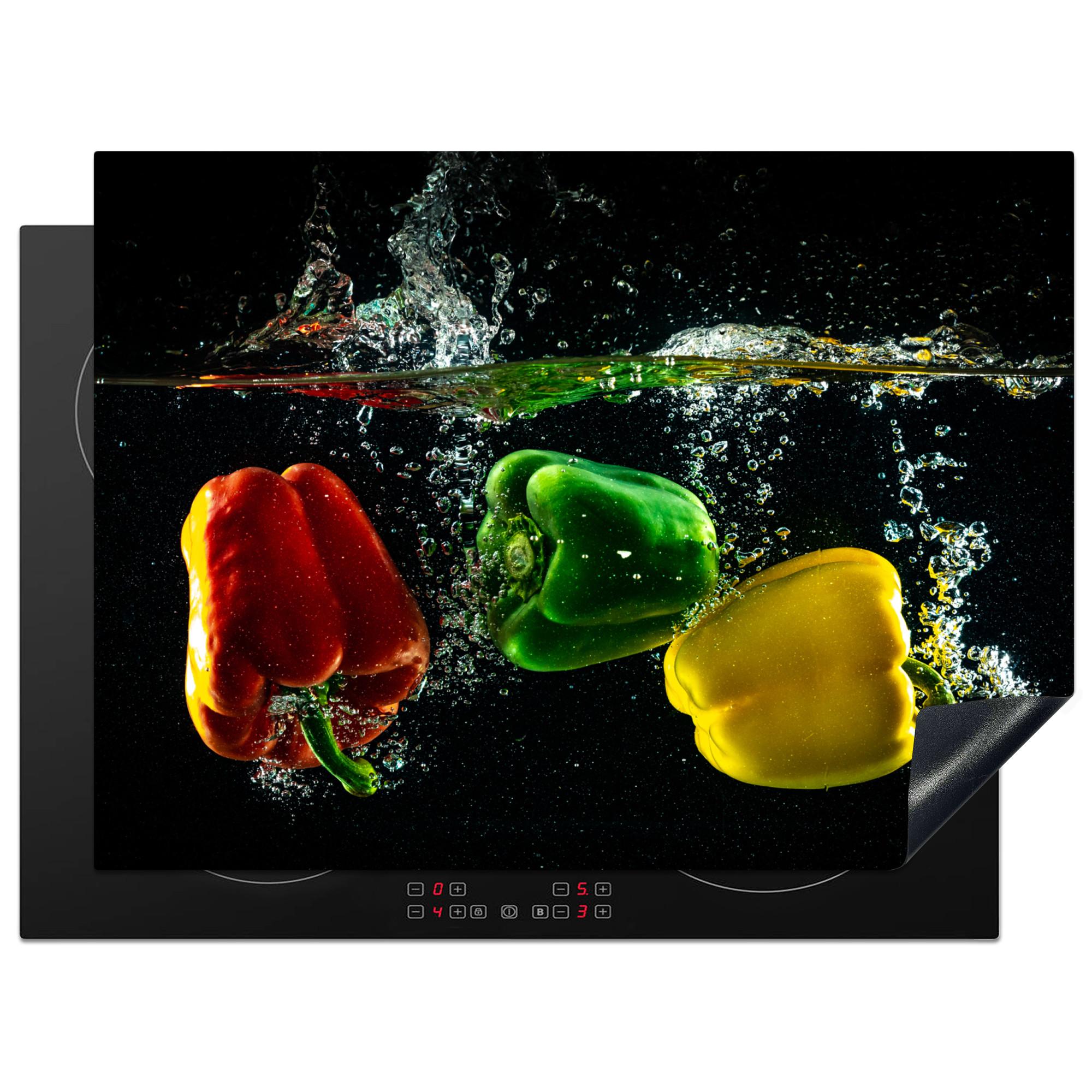 HERDABDECKPLATTE Paprika - Gemüse - Wasser - Schwarz - Rot - Grün - Gelb Induktionsmatte 71x52 cm - Multicolor, Kunststoff (71/52/0.2cm) - MuchoWow