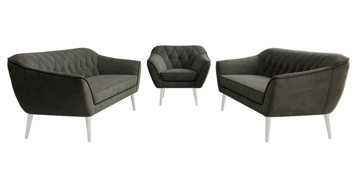 SITZGARNITUR PIRS 3+3+1 - Dunkelgrau Velvet - Weiße Beine - Dunkelgrau/Weiß, Holzwerkstoff/Textil (180/75/74cm) - MKS
