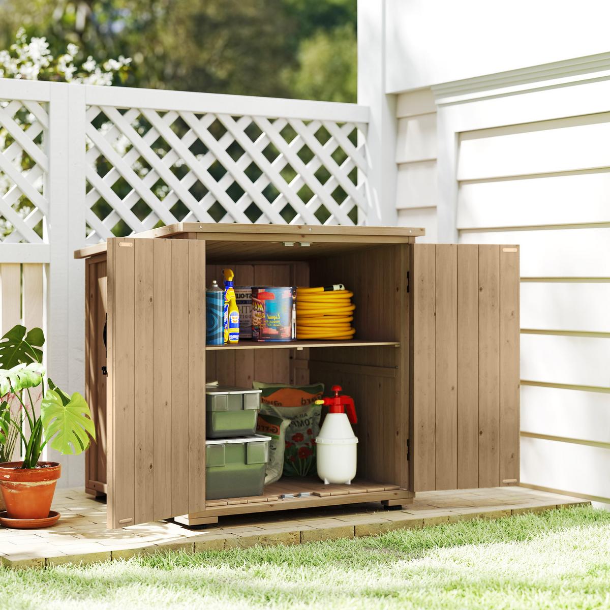GARTENSCHUPPEN, Geräteschrank, Wetterfester Geräteschuppen mit Doppeltür Natur - Fichtefarben, Holz (88/90/77.5cm) - Outsunny