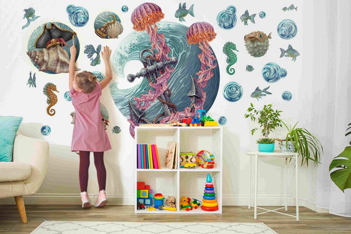 WANDAUFKLEBER 60x64cm - Die Unterwasserwelt der Quallen - Multicolor, Kunststoff (60/64/0.1cm) - Wallfluent