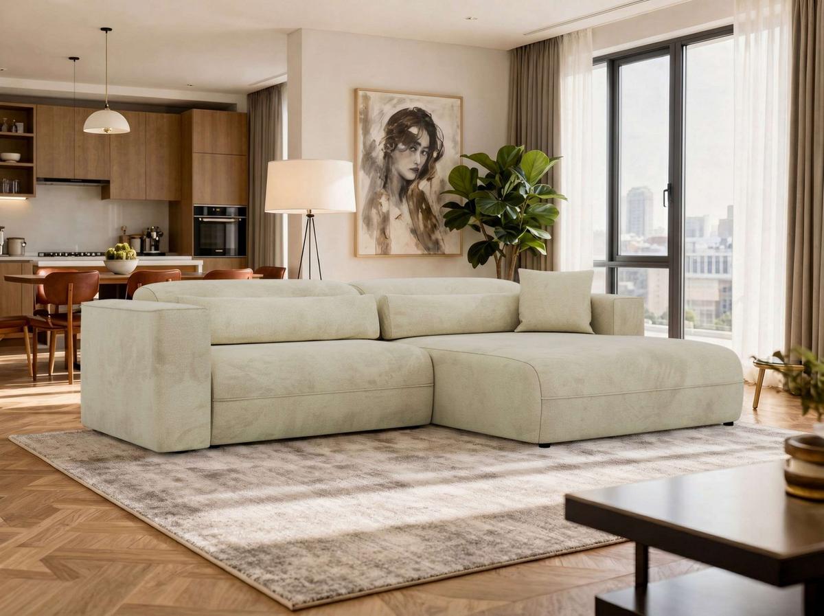 ECKSOFA PAZURRO L - Beige Velvet - Rechts Seite - Beige/Schwarz, Kunststoff/Textil (288/180cm) - MKS