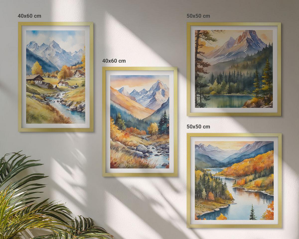 BILDER SET 4er Set - 50x50 cm & 40x60 cm Goldrahmen - Berglandschaft, Flusshütten - Goldfarben, Kunststoff (50/50cm) - TULUP