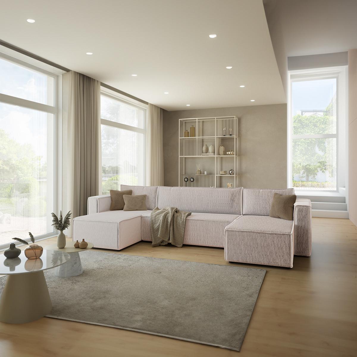 PANORAMASOFA Ezekiel 5 Sitzplätze Beige - Weiß, Holz (309/73/145cm) - Petits-meubles