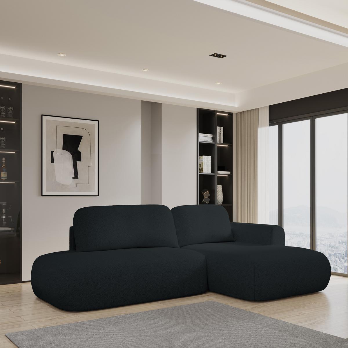 ECKSOFA NUVIRA R-S Schwarz Boucle-Stoff mit Schlaffunktion - Schwarz, Holz (279/158cm) - MASSENO