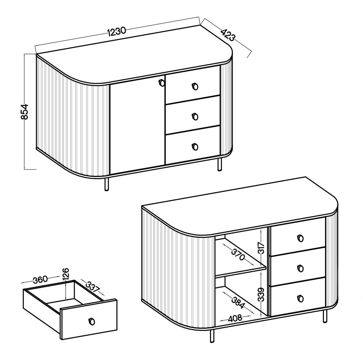SIDEBOARD Halay Eiche Cremona, 1 Tür & 3 Schubladen Moderne Rillenstruktur 123 cm - Eichefarben/Schwarz, Holzwerkstoff/Metall (123/85.4/42.3cm) - AX Living
