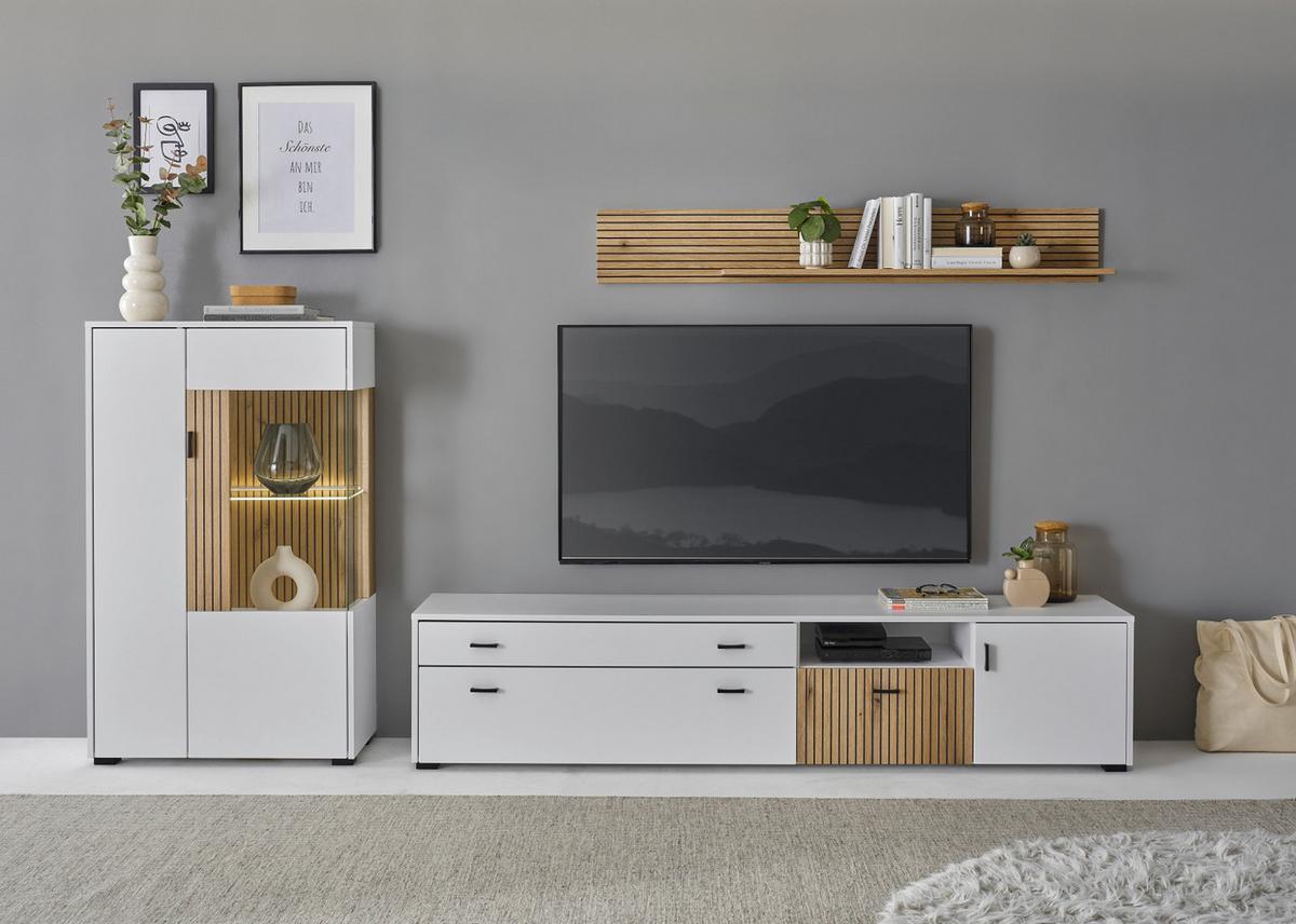 VITRINE weiß matt, Eiche 75 x 125 cm, Highboard mit Soft-Close-Funktion - Eichefarben/Schwarz, Glas/Holzwerkstoff (75/125/38cm) - Furn.Design