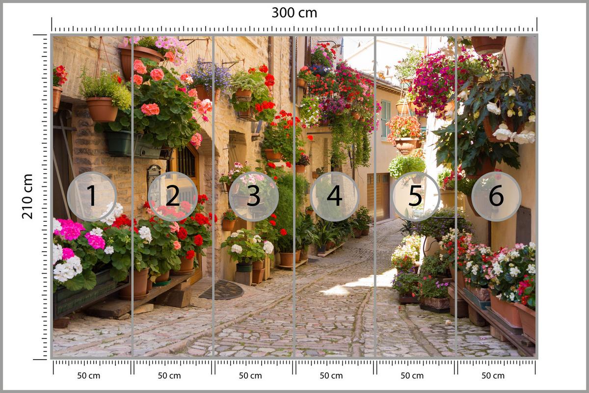 FOTOTAPETE für Wohnzimmer Italienische Steinstraße Blumen Pflanzen 300x210 - Beige/Rot, Papier (300/210cm) - Muralo