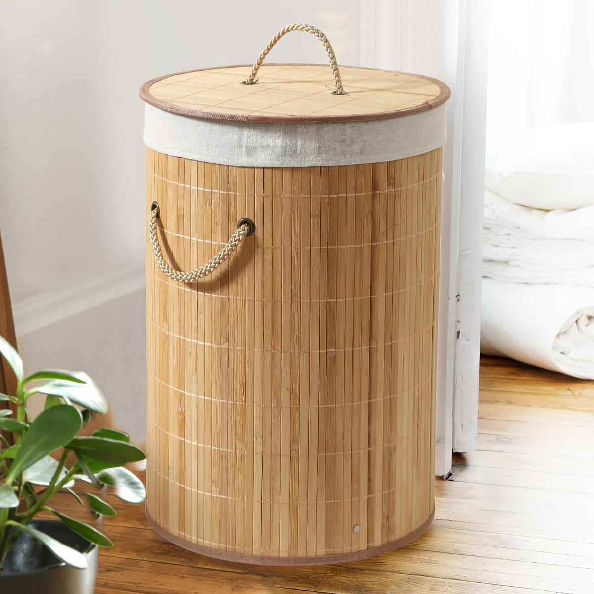 WÄSCHEKORB aus Bambus rund 60l - 40/40/50 cm - Eschefarben, Holzwerkstoff (40/50/42cm) - Calicosy