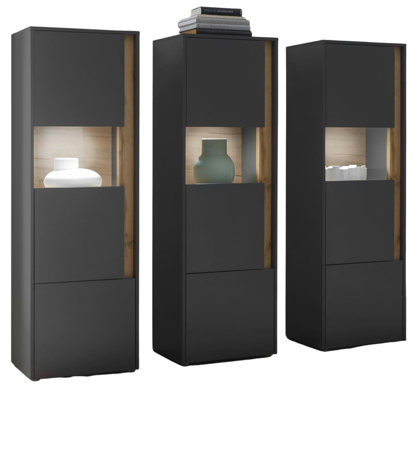 VITRINEN-SET 3-teilig grau matt, Wotan Eiche, Wohnkombination 3 x Vitrine, 190 x 155 cm - Anthrazit/Eiche Wotan, Holz/Holzwerkstoff (190/155/40cm) - Furn.Design