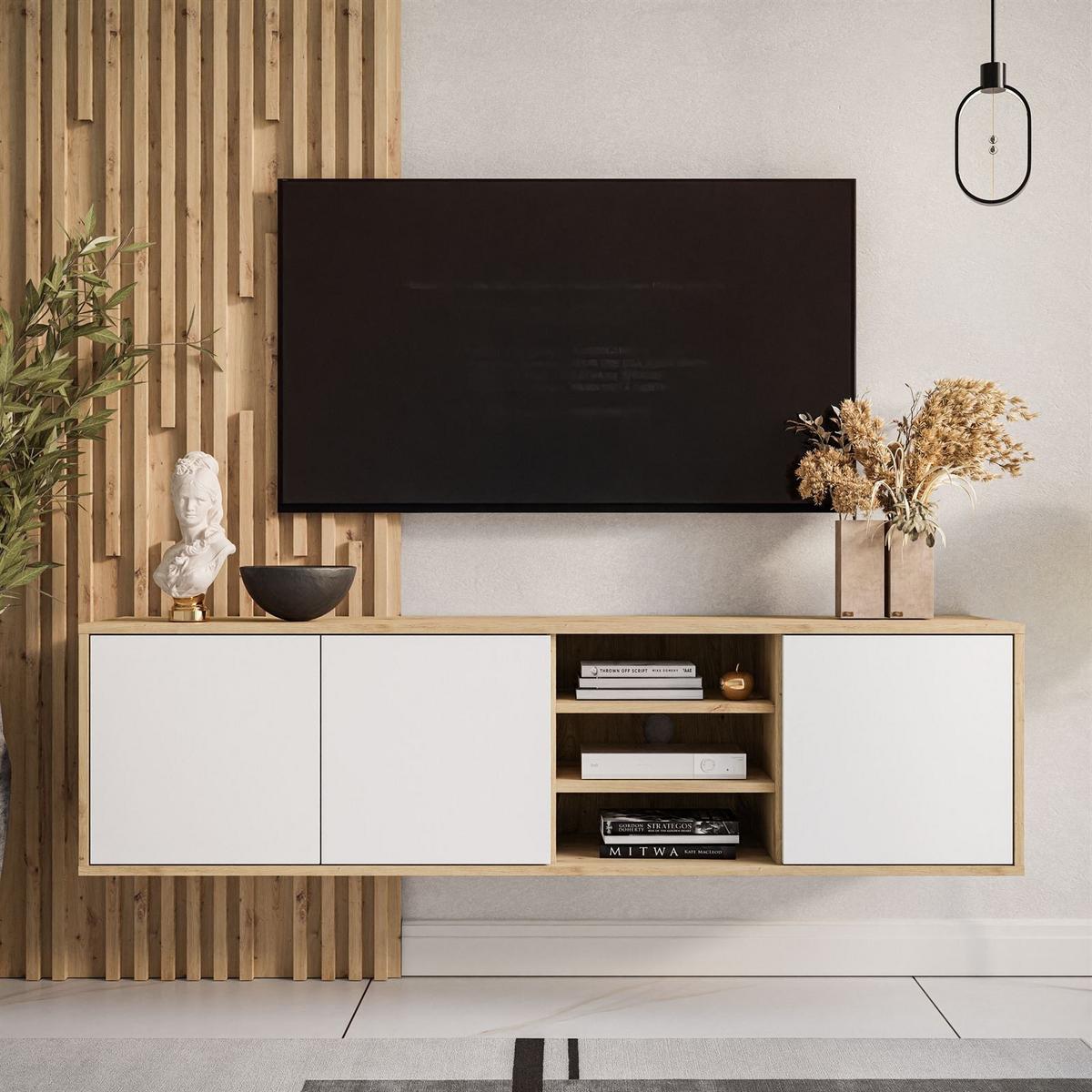 TV-ELEMENT SANAYI Hängend mit Regalen Eiche Artisan/Weiß - Weiß, Holzwerkstoff (156/41/38cm) - Lookway