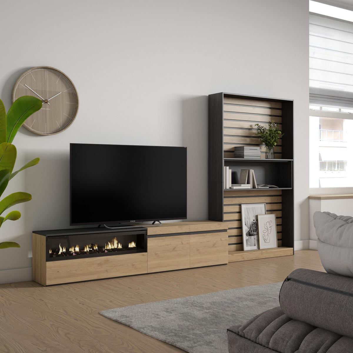 WOHNWAND Wohnzimmer, eiche, schwarz, Elektrokamin,, 310/35/186cm - Eichefarben/Beige, Holzwerkstoff (310/186/35cm) - Skraut Home