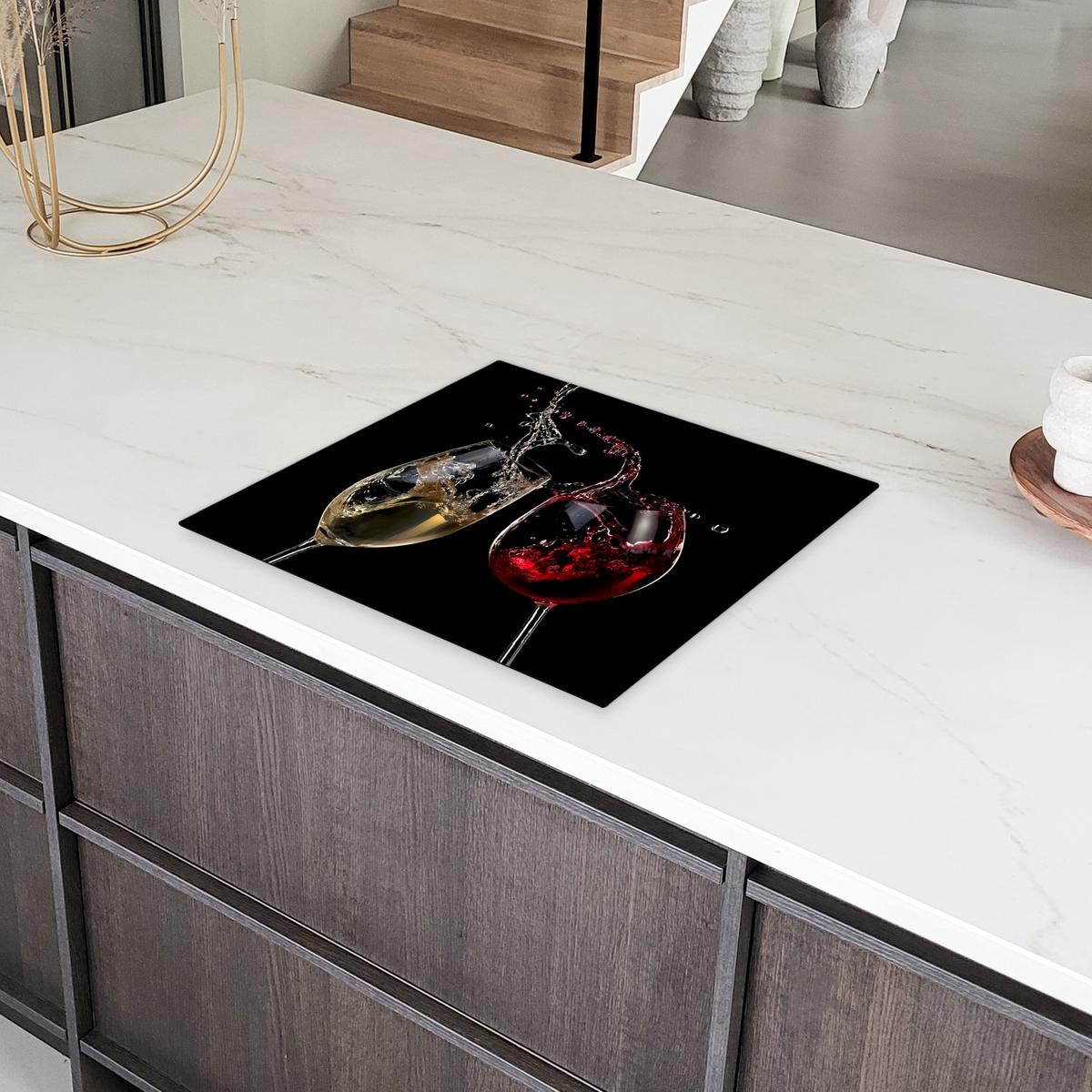 HERDABDECKPLATTE Rotwein - Weißwein - Glas - Schwarz Ceranfeldabdeckung 59x52 cm - Weinrot, Kunststoff (59/52/0.2cm) - MuchoWow