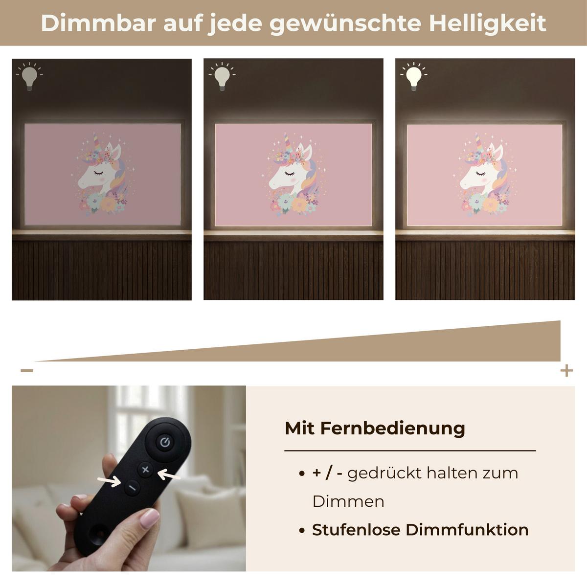 WANDLEUCHTE MIT AKKU Einhorn - Rosa - Blumen 60x40 cm - Rosa, Holzwerkstoff (60/40/8cm) - OnlyWow