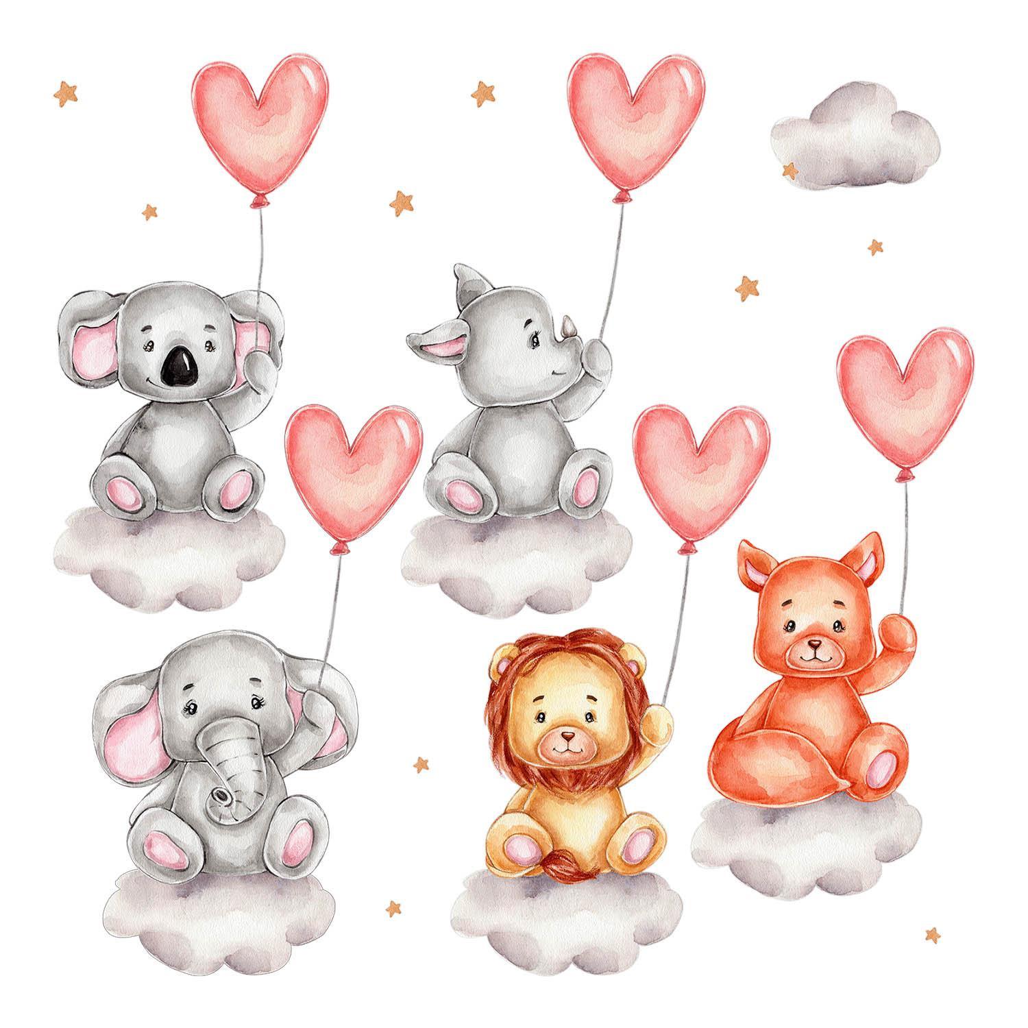 WANDAUFKLEBER 130x195cm - Tiere mit Luftballons - Multicolor, Kunststoff (130/195/0.1cm) - Wallfluent