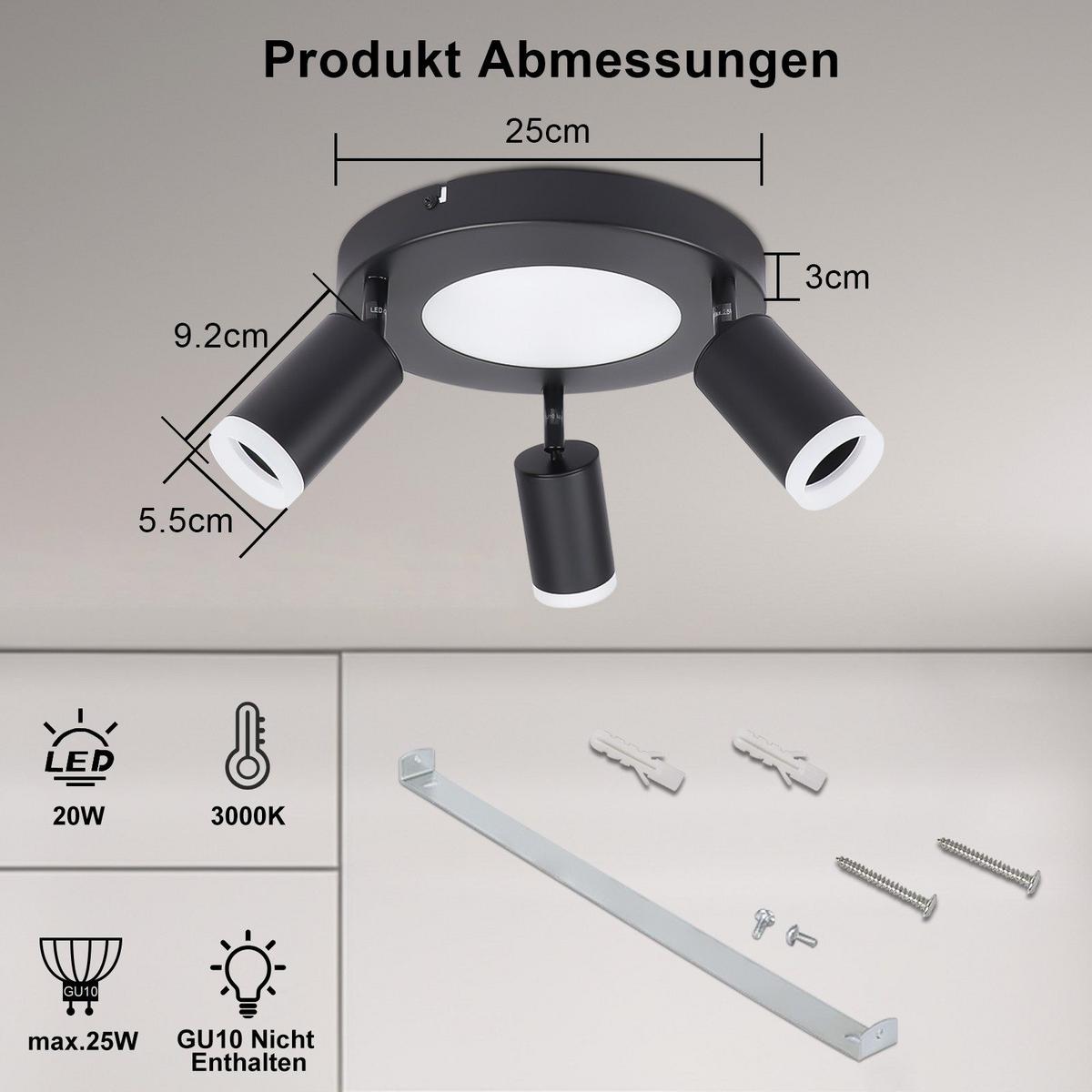 DECKENSTRAHLER Bochum 3-flammig 25/25/16.9 cm - Schwarz, Metall (25/25/16.9cm) - Nettlife