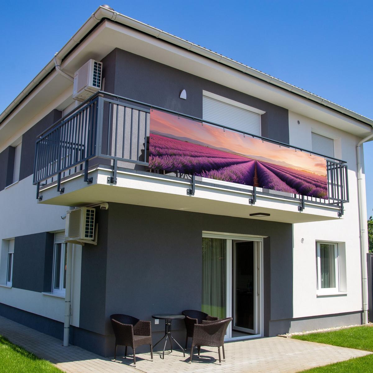 BALKON-SICHTSCHUTZ Lavendelfeld - Sonnenuntergang - Lila - Blumen Witterungsbeständig 300x80 cm - Violett, Kunststoff (300/80cm) - MuchoWow