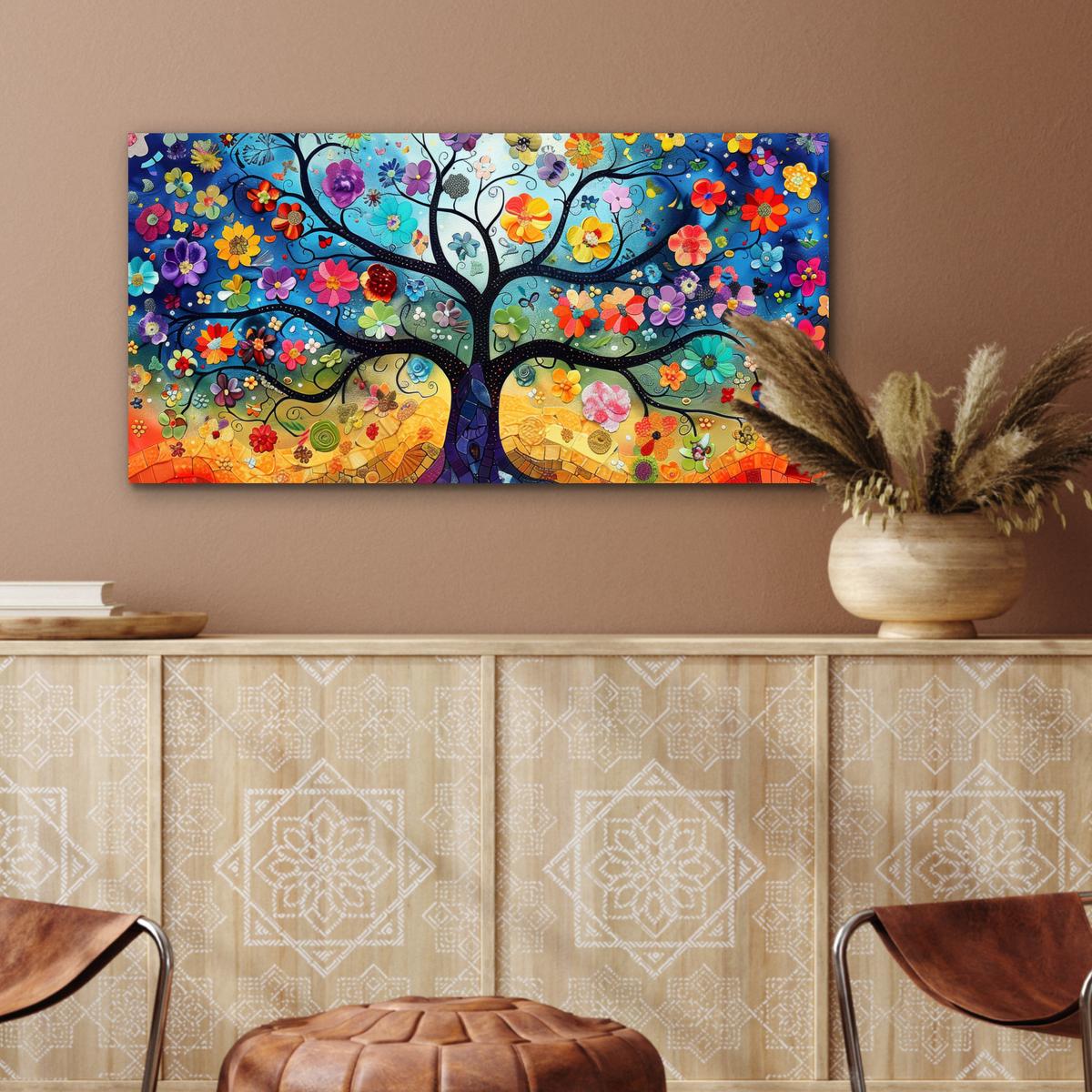METALLBILD Kunst - Baum des Lebens - Blumen - Hippie 80x40 cm - Dunkelblau, Metall (80/40cm) - MuchoWow
