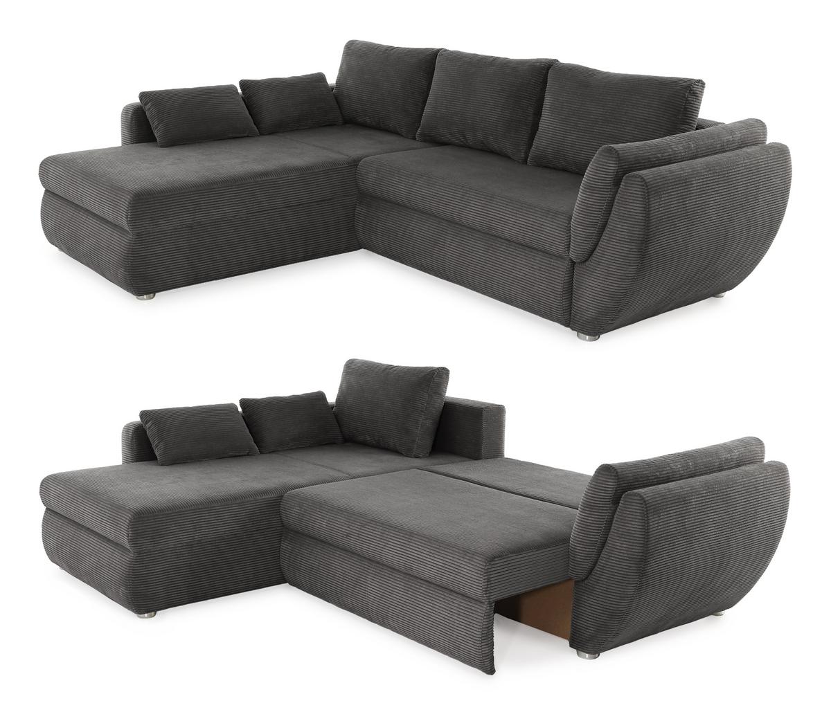 ECKSOFA mit Schlaffunktion und Bettkasten, seitenverkehrt montierbar B272/T200/H88 cm, Liegefläche 128x224 cm, Cord Dunkelgrau / 15226 - Chromfarben/Dunkelgrau, Kunststoff/Textil (272/200cm) - luma-home
