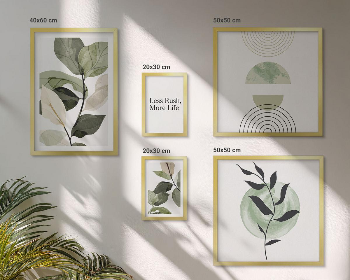 BILDER SET 5er Set - 50x50 cm & 20x30 cm & 40x60 cm Goldrahmen - Geometrische Pflanzenformen - Goldfarben, Kunststoff (40/60cm) - TULUP
