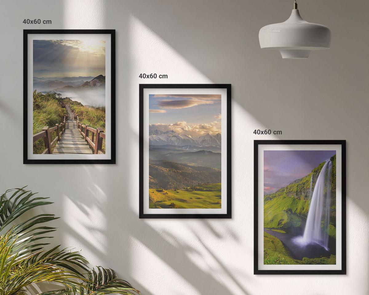 BILDER SET 3er Set - 40x60 cm Schwarzer Rahmen - Berglandschaften Wasserfall - Schwarz, Kunststoff (40/60cm) - TULUP