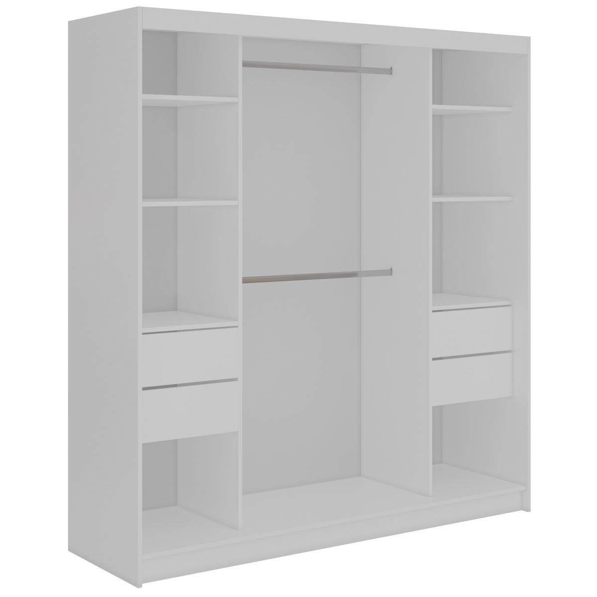 SCHWEBETÜRENSCHRANK mit Schubladen 200 - GRECJA - Weiß mit Spiegel - Alufarben/Weiß, Holzwerkstoff/Metall (200/216/61cm) - MKS