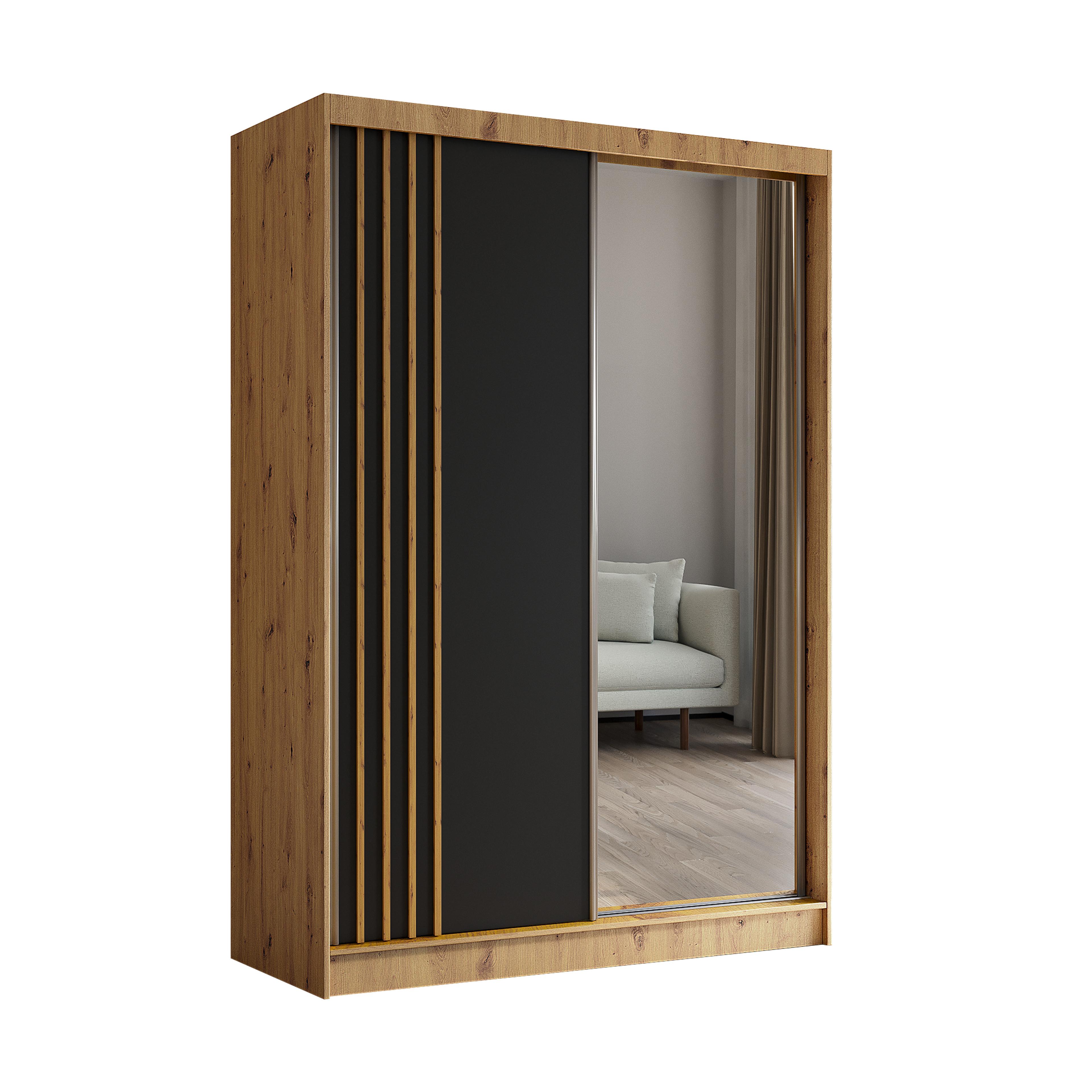 KLEIDERSCHRANK mit Spiegel-Schiebetüren und Aluminium-Leisten - NALLA - 150 cm Artisan+Schwarz+Artisan - Graphitfarben/Eiche Artisan, Holzwerkstoff (150/216/61cm) - ALTDECOR