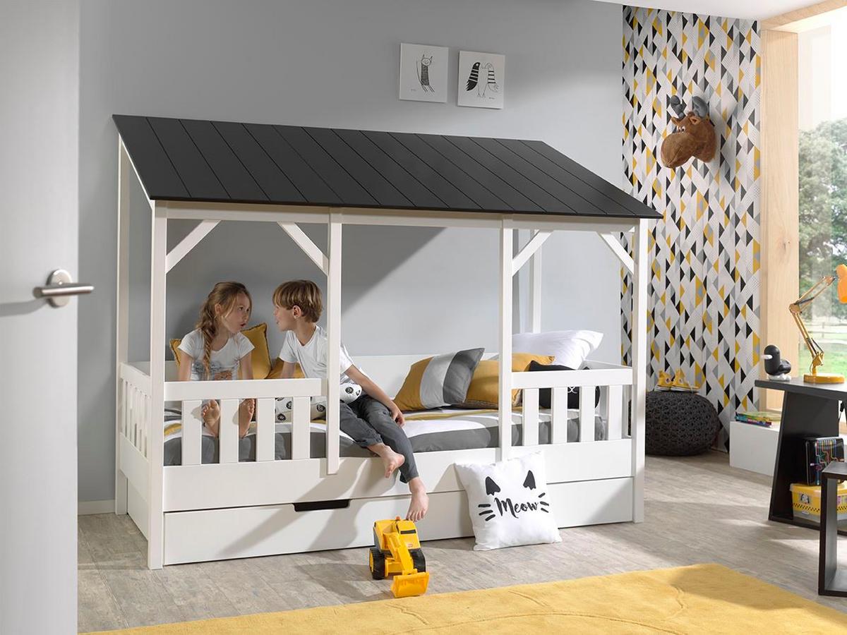 HAUSBETT Kateena 214x174x105 aus MDF+Massivholz in Weiß/Schwarz - Schwarz, Holzwerkstoff (90/200cm) - 58aufmkessel