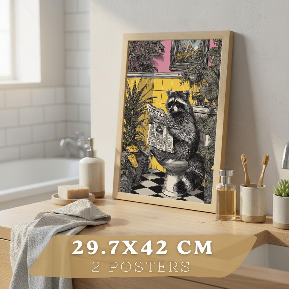 POSTER 2er-Set dekorative Badezimmer-Kunstdrucke, künstlerische für Wand, Toilette mit Tieren auf der Toilette, Vintage Leichter Holzrahmen A3 - Beige, Papier (42/29.7/3cm) - Nacnic