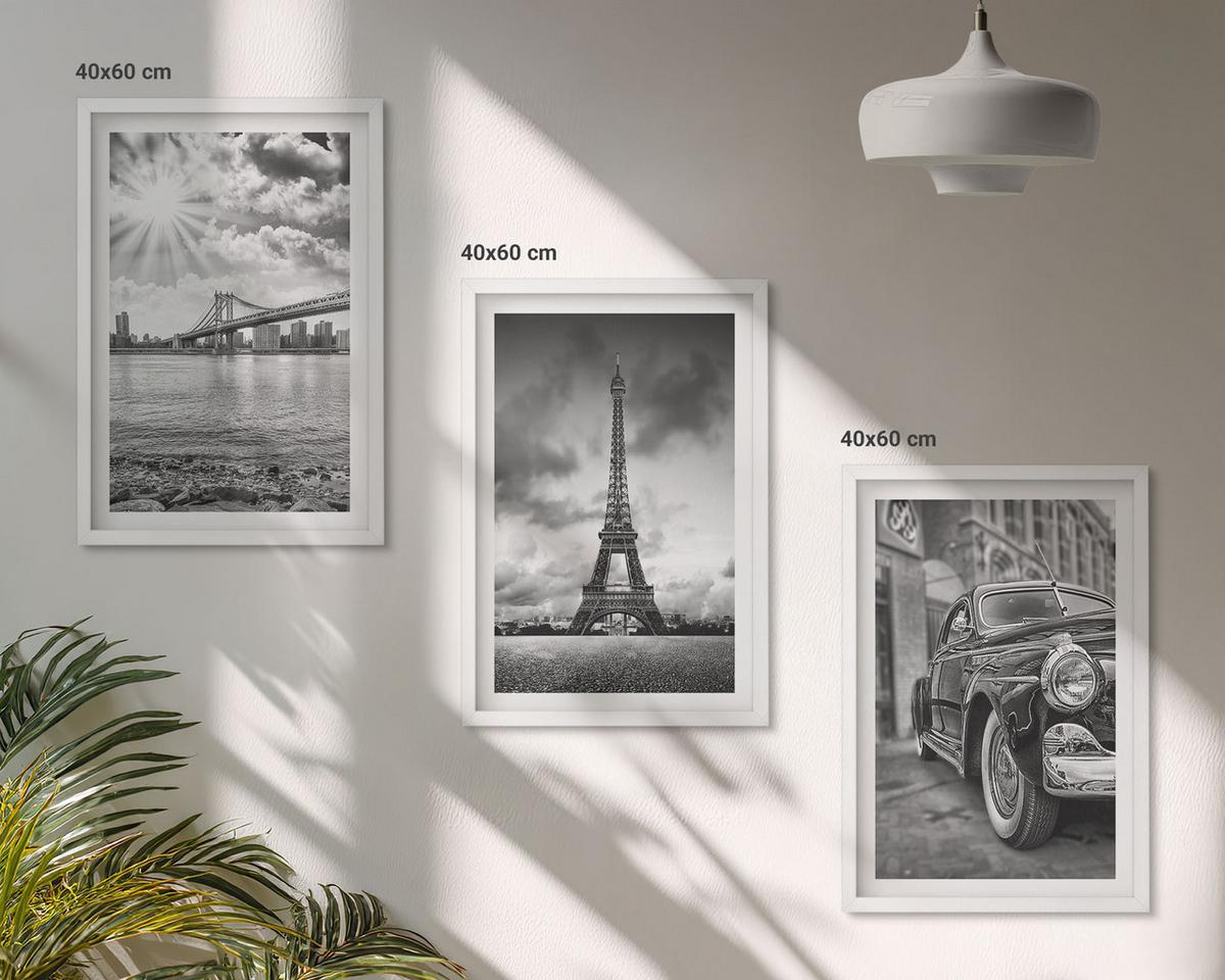 BILDER SET 3er Set - 40x60 cm Weißer Rahmen - Stadtansichten, Brücken, Eiffelturm - Weiß, Kunststoff (40/60cm) - TULUP