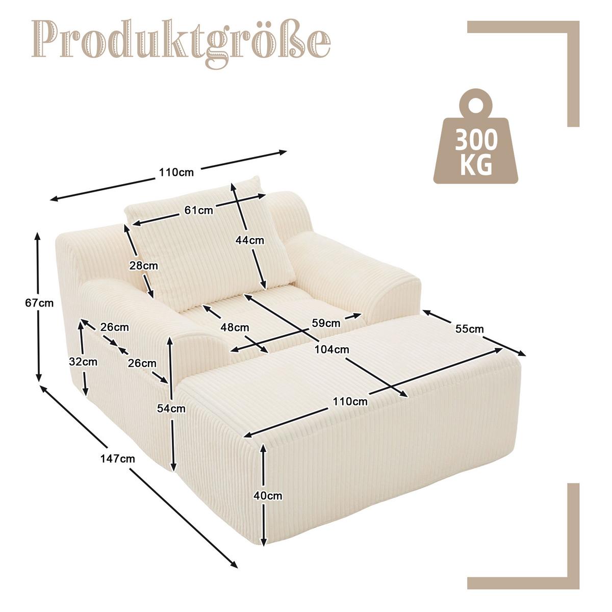 SESSEL mit Hocker in Cord Übergroßer Relaxsessel - Beige, Textil (110/67/147cm) - Urban Meuble