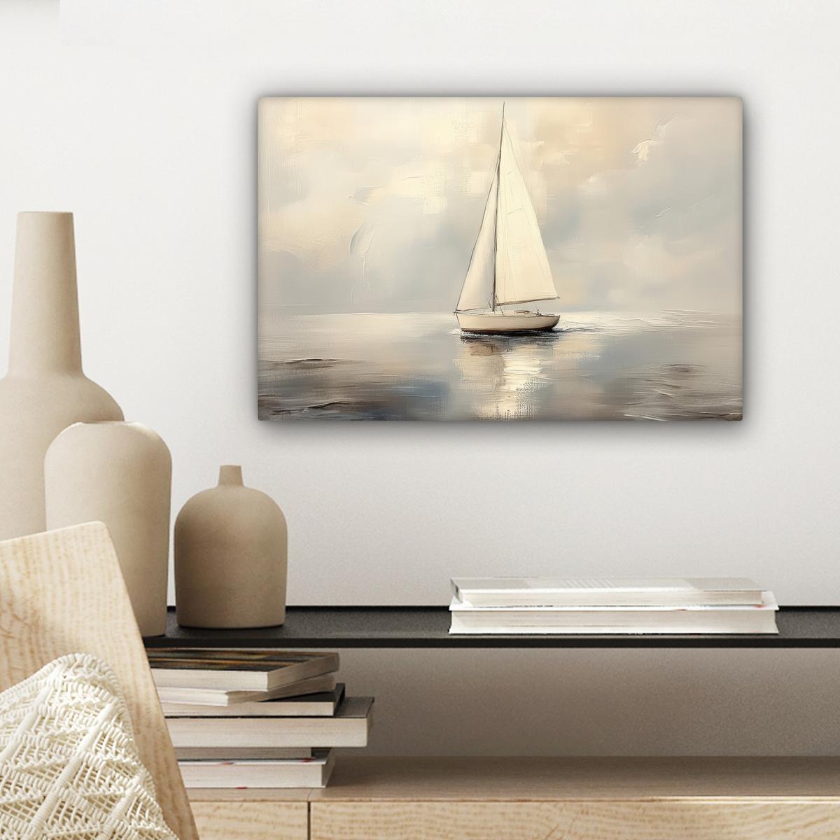 LEINWANDBILD Segelschiff - Meer - Bewölkt Deko Schlafzimmer 30x20 cm - Creme, Textil (30/20cm) - MuchoWow