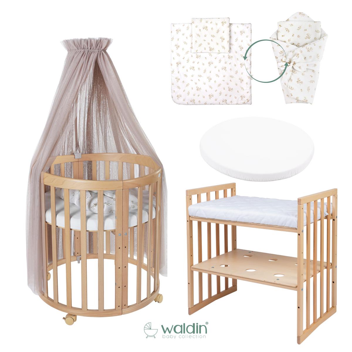 BABYBETT NATUR OVAL 7in1 mit Matratze und Himmelset - Taupe/Naturfarben, Holz/Textil (73/125cm) - waldin