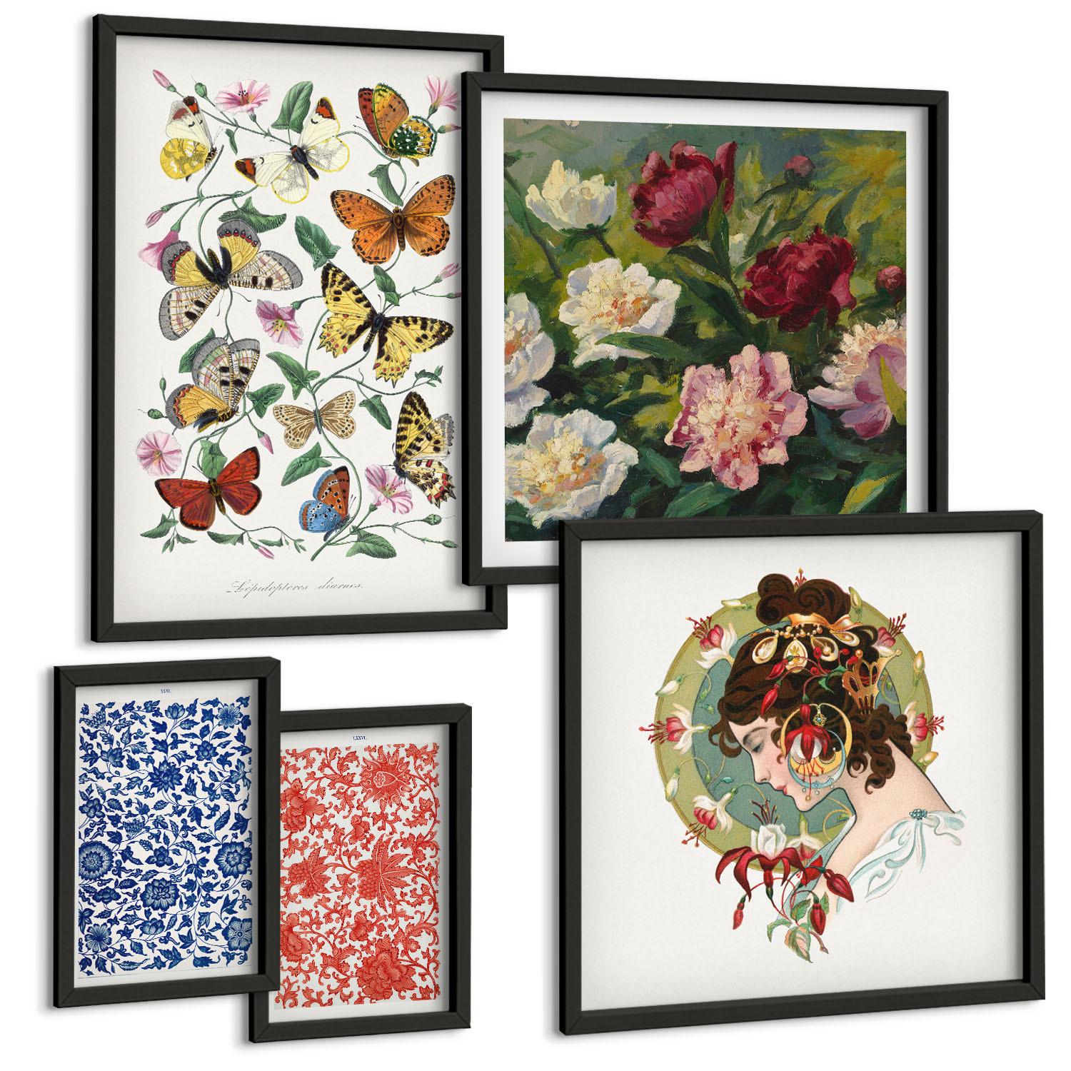 BILDER SET 5er Set - 50x50 cm & 20x30 cm & 40x60 cm Schwarzer Rahmen - Vintage-Blumen-Schmetterlings-Ornamente - Schwarz, Kunststoff (40/60cm) - TULUP