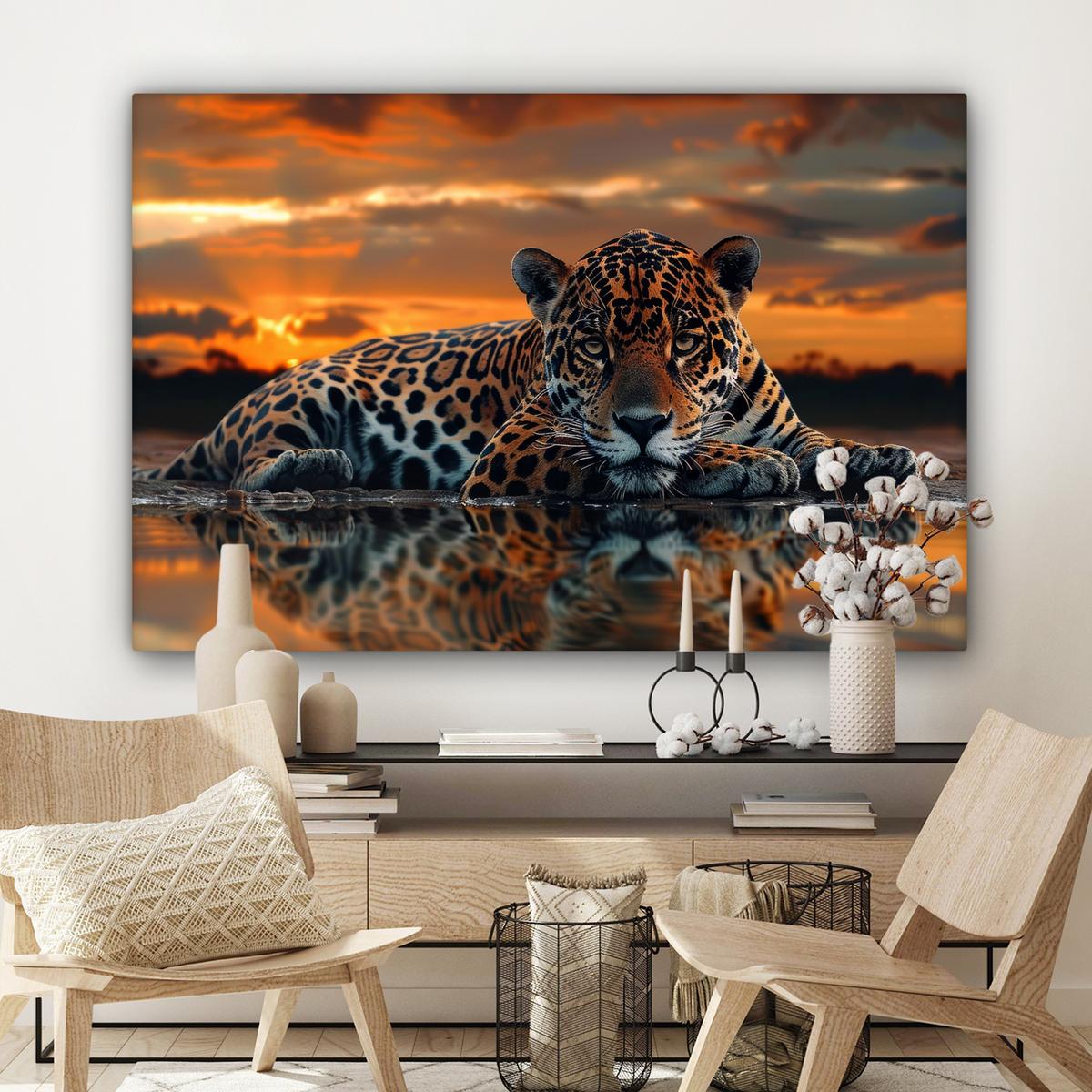 LEINWANDBILD Natur - Leopard - Tier - Sonnenuntergang - Modern XXL 150x100 cm - Orange, Textil (150/100cm) - MuchoWow