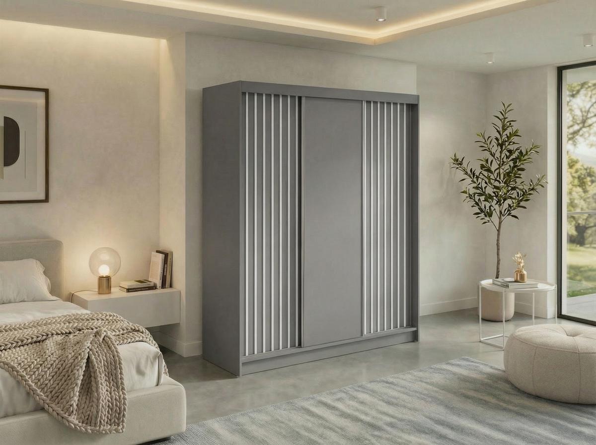 SCHWEBETÜRENSCHRANK mit Lamellen und Schubladen LUMOS - 180 - Grau und Weiß - Alufarben/Weiß, Holzwerkstoff/Metall (180/216/61cm) - MKS