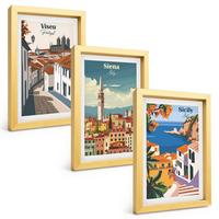 BILDER SET 3er Set - 20x30 cm Goldrahmen - Retro-Illustrationen von Weltstädten - Goldfarben, Kunststoff (20/30cm) - TULUP