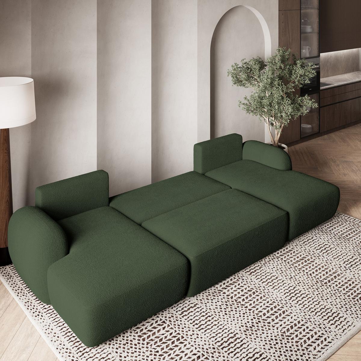 WOHNLANDSCHAFT SAVONA N Grün Boucle-Stoff mit Schlaffunktion - Schwarz/Grün, Holz/Kunststoff (320/90/148cm) - MASSENO