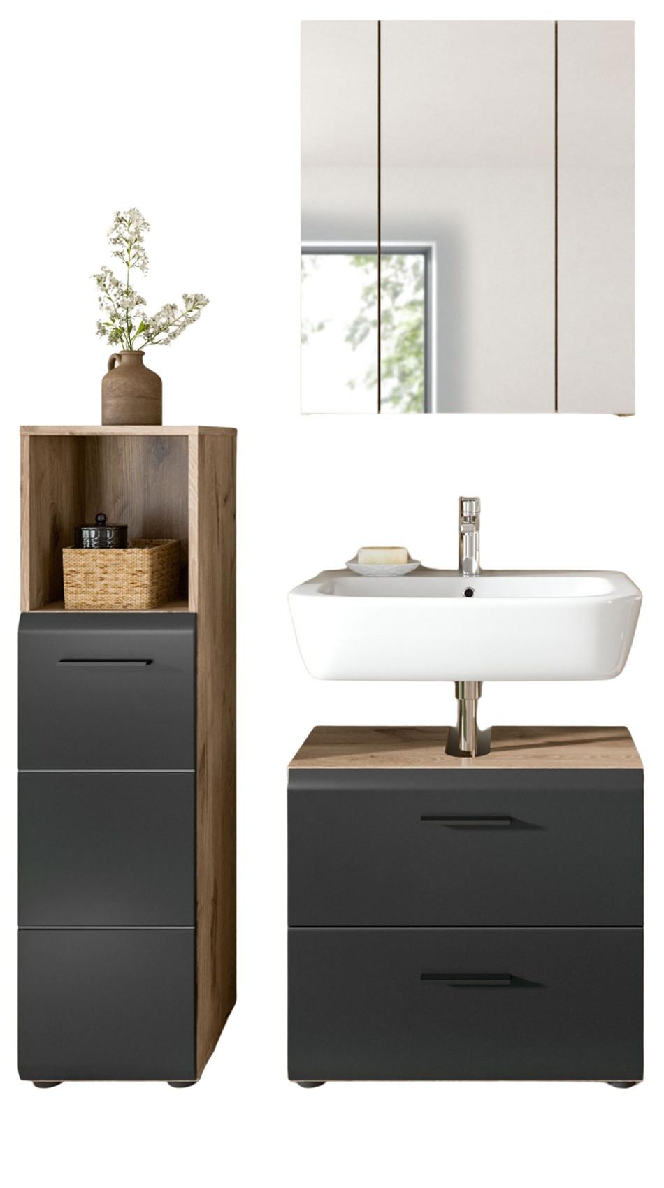 BADMÖBEL-SET 3-teilig schwarz matt, Nox Eiche, Badkombination 105 x 185 cm - Eichefarben/Schwarz, Glas/Holzwerkstoff (105/185/30cm) - Inn.Furn