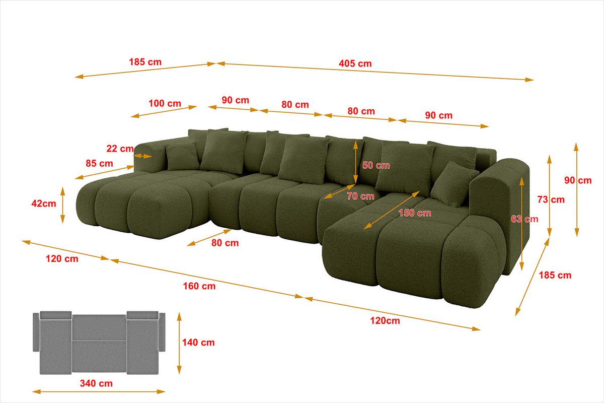 WOHNLANDSCHAFT CLOUD-U-v1 405x185x90 Grün Bouclé - Grün, Holzwerkstoff/Kunststoff (405/90/185cm) - ALTDECOR