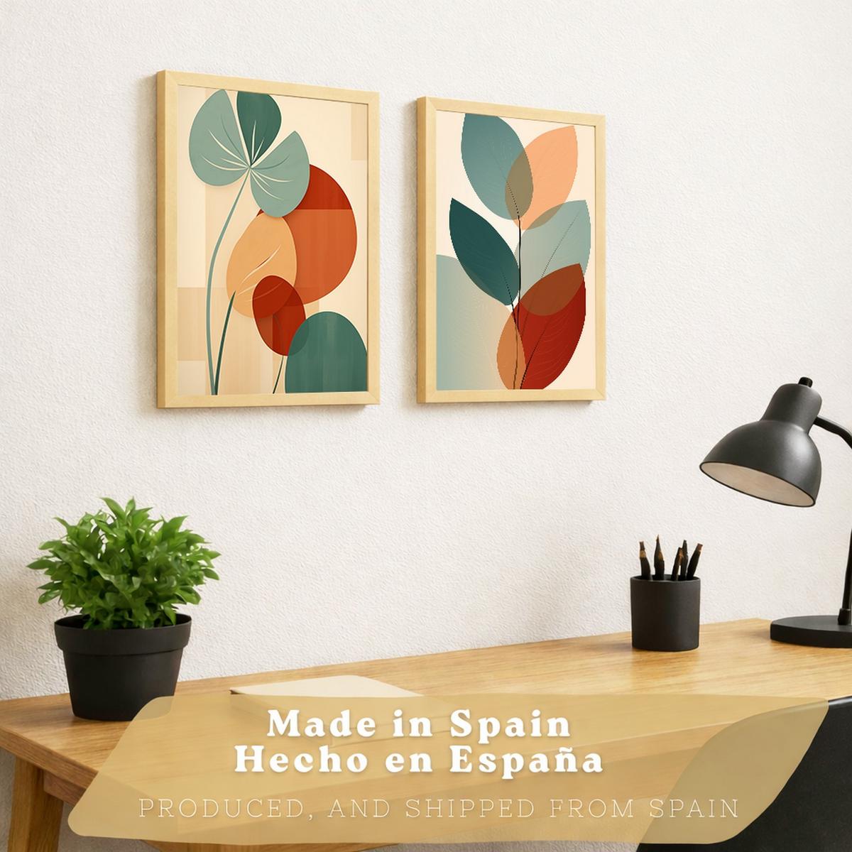 POSTER 2er-Set Wandbilder Blätter Pflanzen modern Wohnzimmer Deko, Schlafzimmer, Küche, Badezimmer Leichter Holzrahmen A4 - Beige, Papier (29.7/1/21cm) - Nacnic