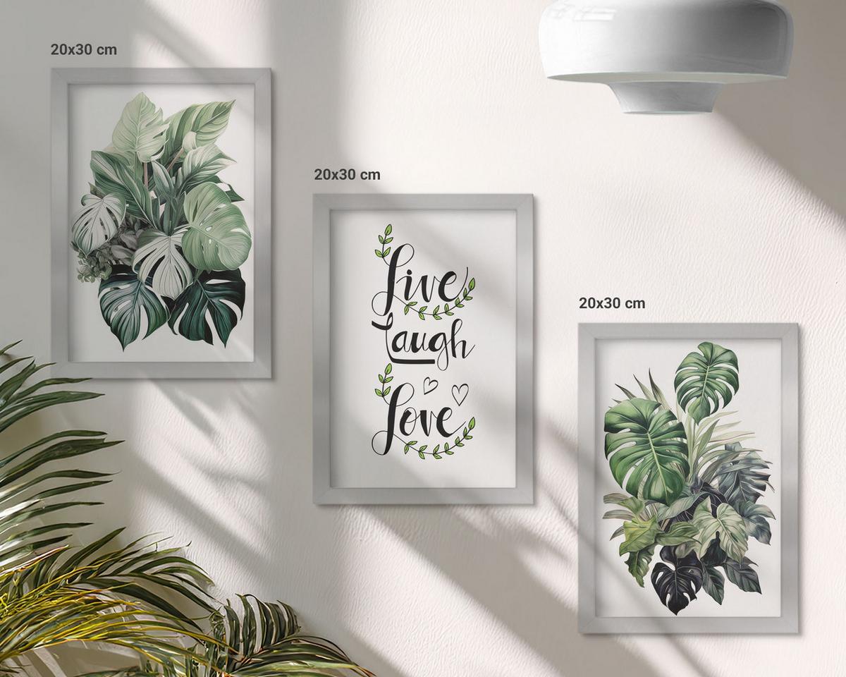 BILDER SET 3er Set - 20x30 cm Silberner Rahmen - Blattpflanzen leben, lachen, lieben - Silberfarben, Kunststoff (20/30cm) - TULUP