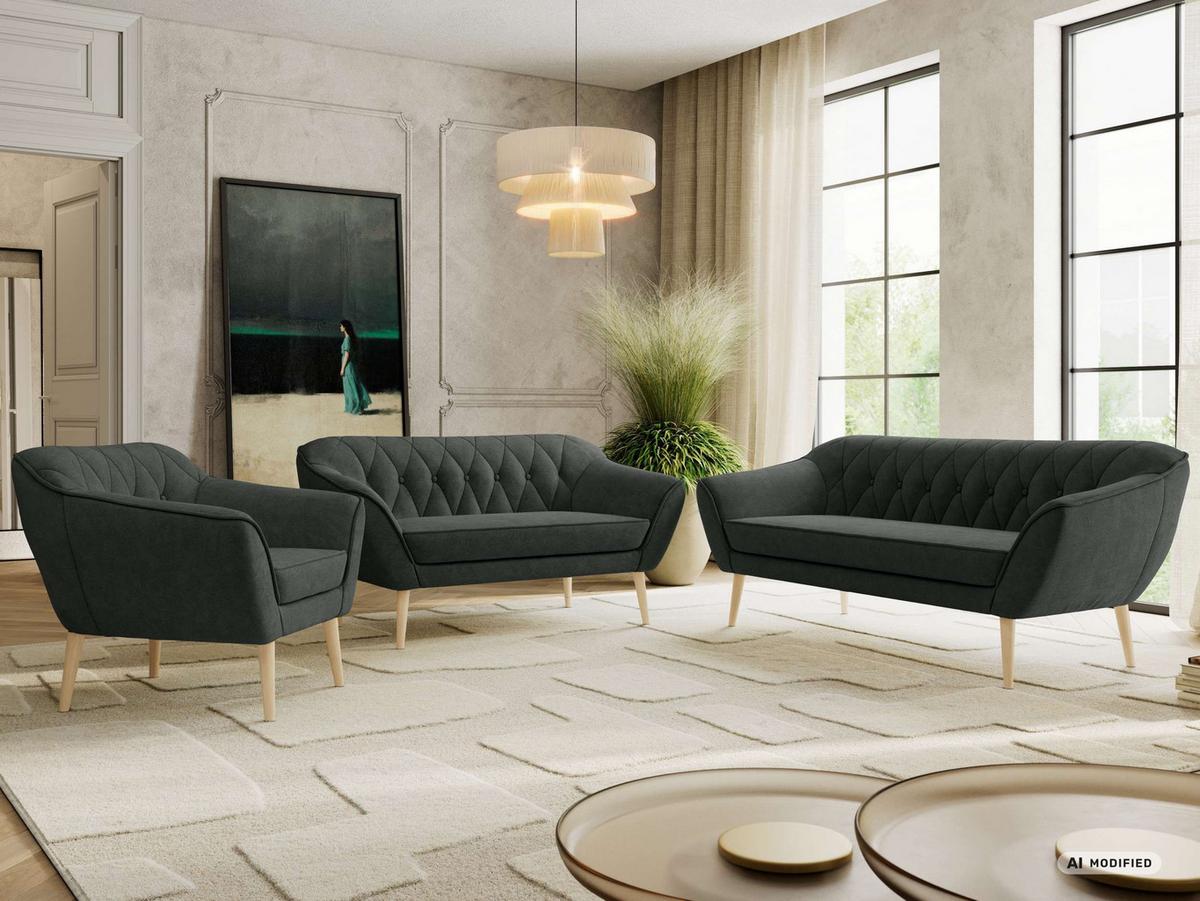 SITZGARNITUR PIRS 3+2+1 - Dunkelgrau Strukture - Holzbeine - Dunkelgrau/Buchefarben, Holzwerkstoff/Textil (180/75/74cm) - MKS