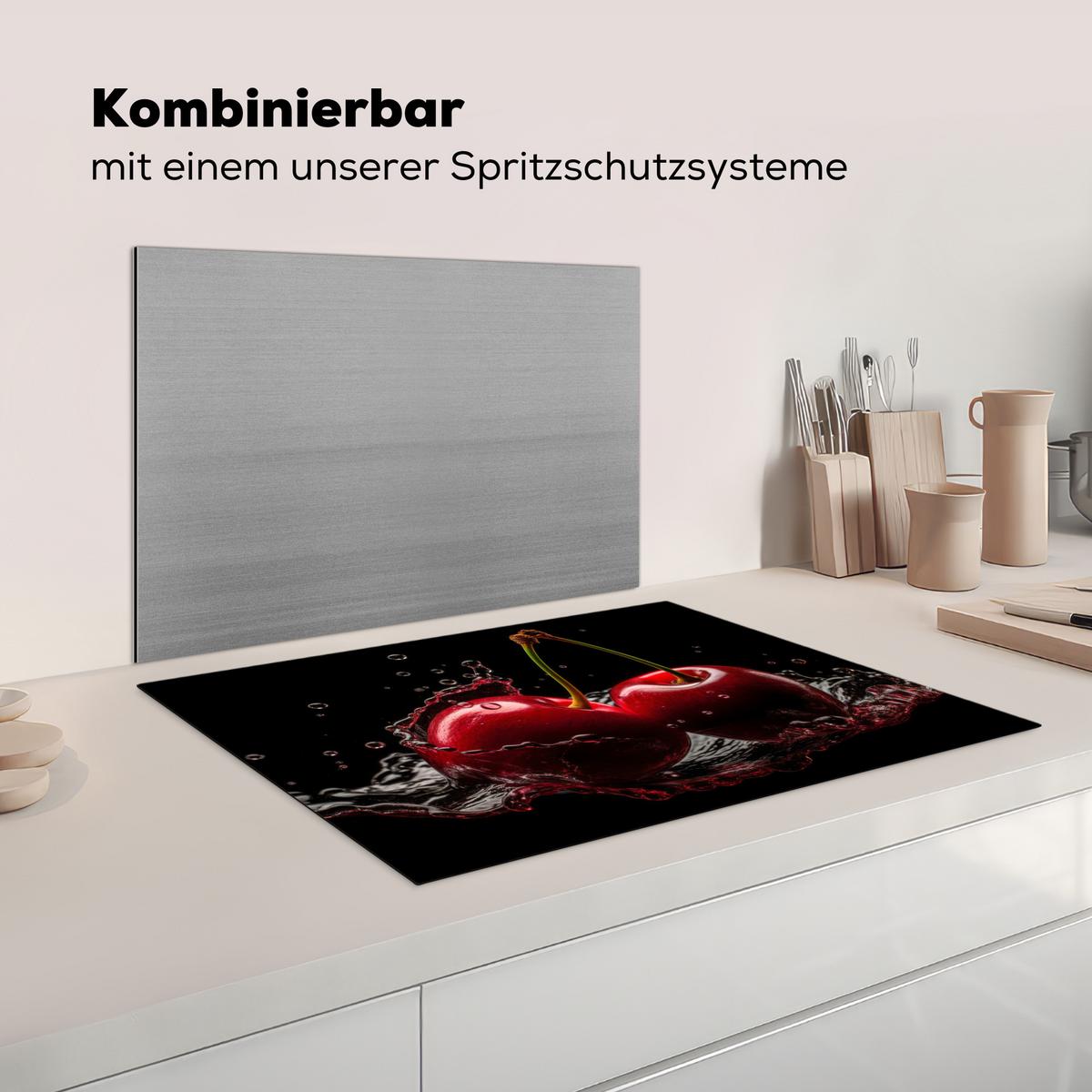 HERDABDECKPLATTE Kirsche - Rot - Frucht - Wasser - Schwarz Herdabdeckung Induktionsfeld 75x52 cm - Kirschrot, Kunststoff (75/52/0.2cm) - MuchoWow