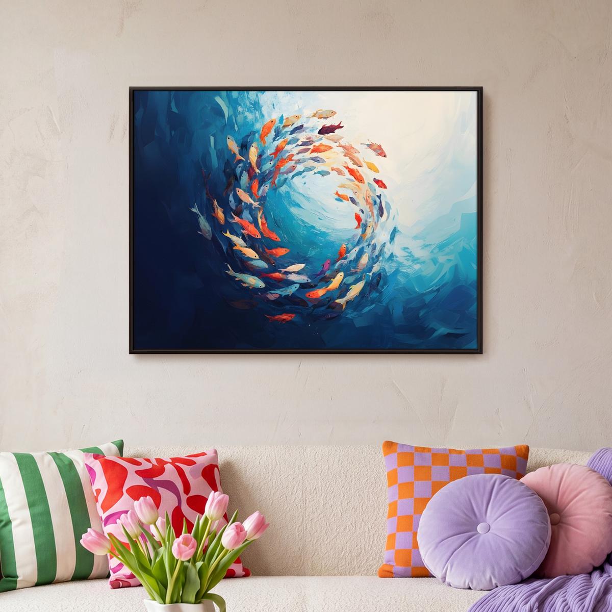 LEINWAND Bilder mit Rahmen - Meer - Fische - Bunt - Dynamisch - 70x50 - Hellblau, Textil (70/50cm) - MuchoWow